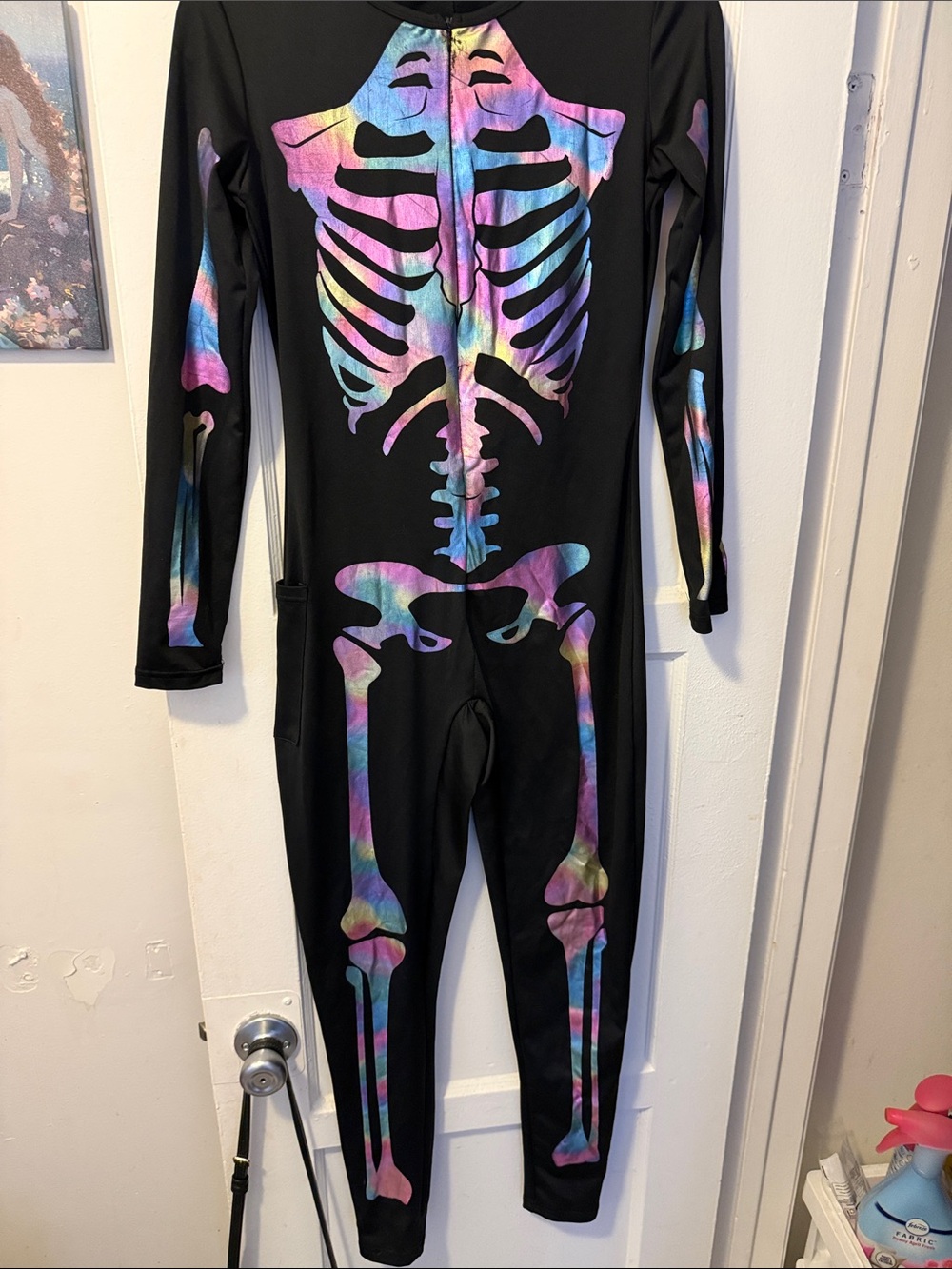 Tipsy Elves Women’s Black One-Piece Skeleton Jumpsuit with Rainbow Bones